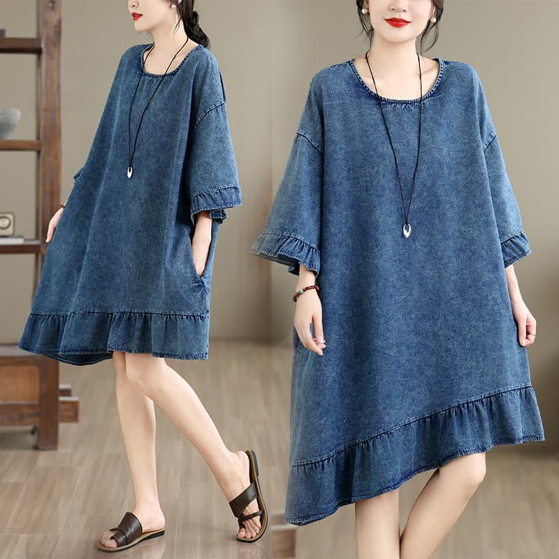 Retro dress 2026 new ruffled large size mid-length denim dress that covers the flesh and looks slimming