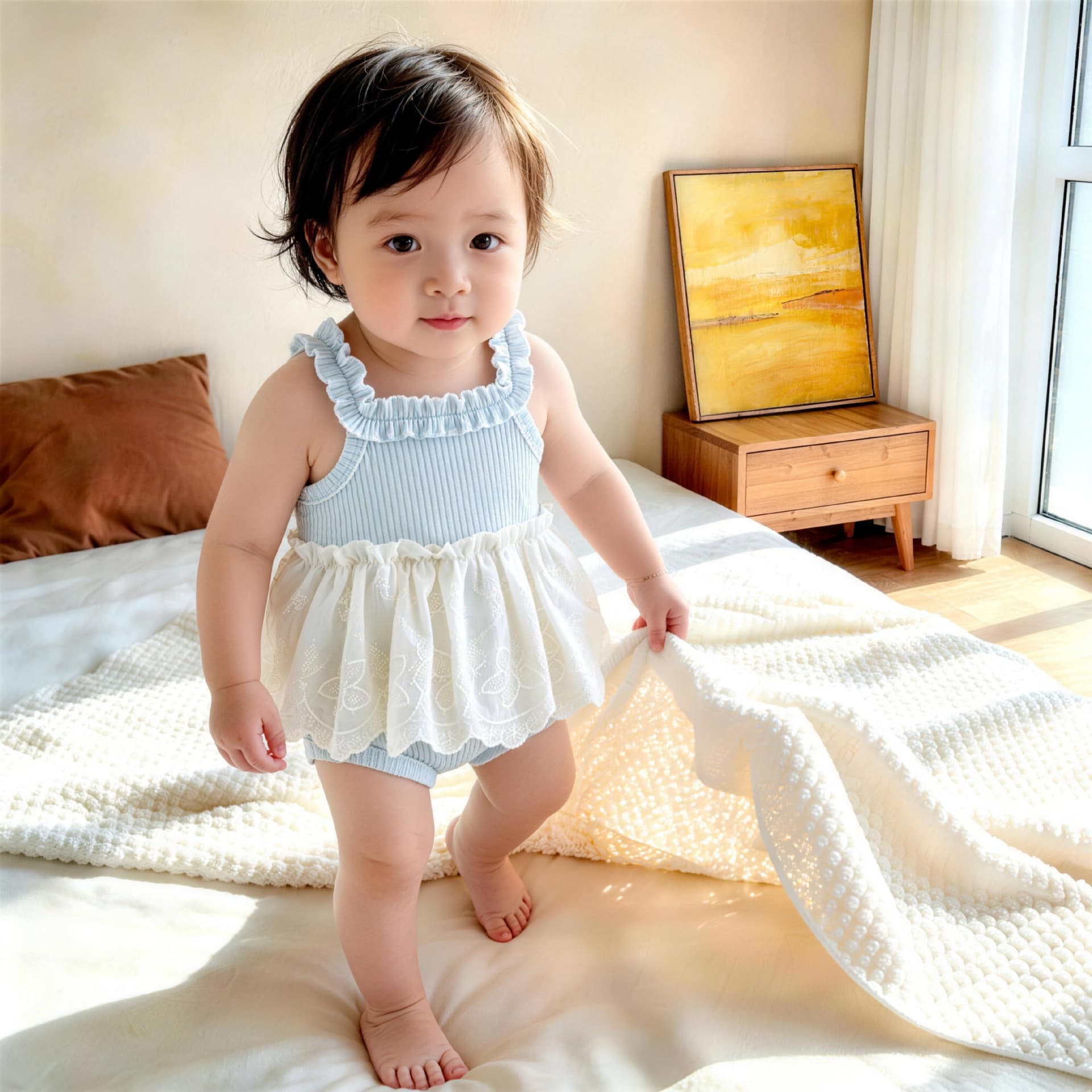 Infant and toddler crawling clothes summer new sleeveless lace baby clothes thin fashionable and sweet spliced ​​suspender jumpsuit