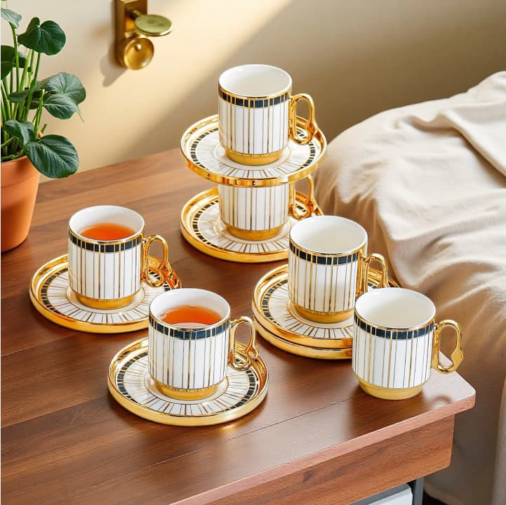 Gold-Rimmed Ceramic Coffee Cup and Saucer Set with Rack, Thickened Heat-Resistant Porcelain Cup, Commercial Wear-Resistant for Cafes and Restaurants