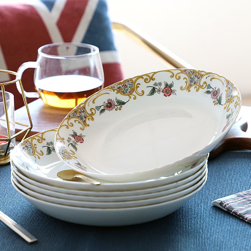 Bone china plate, dish plate, household round 8-inch rice plate, deep plate dessert, European light luxury tableware, 6-piece set combination