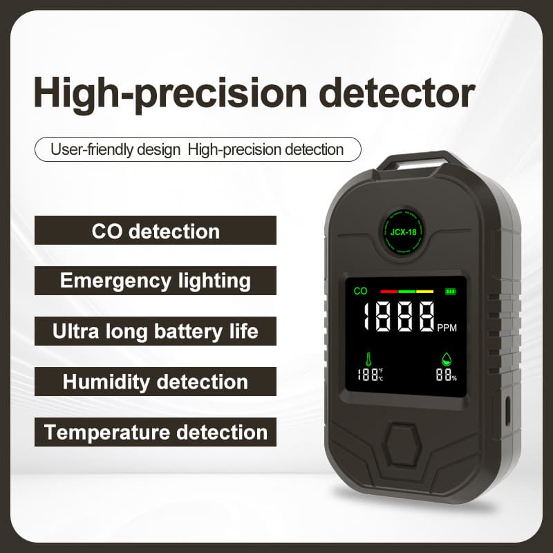 Portable carbon monoxide detector with temperature/humidity monitoring, long battery life, flashlight, and quad-function
