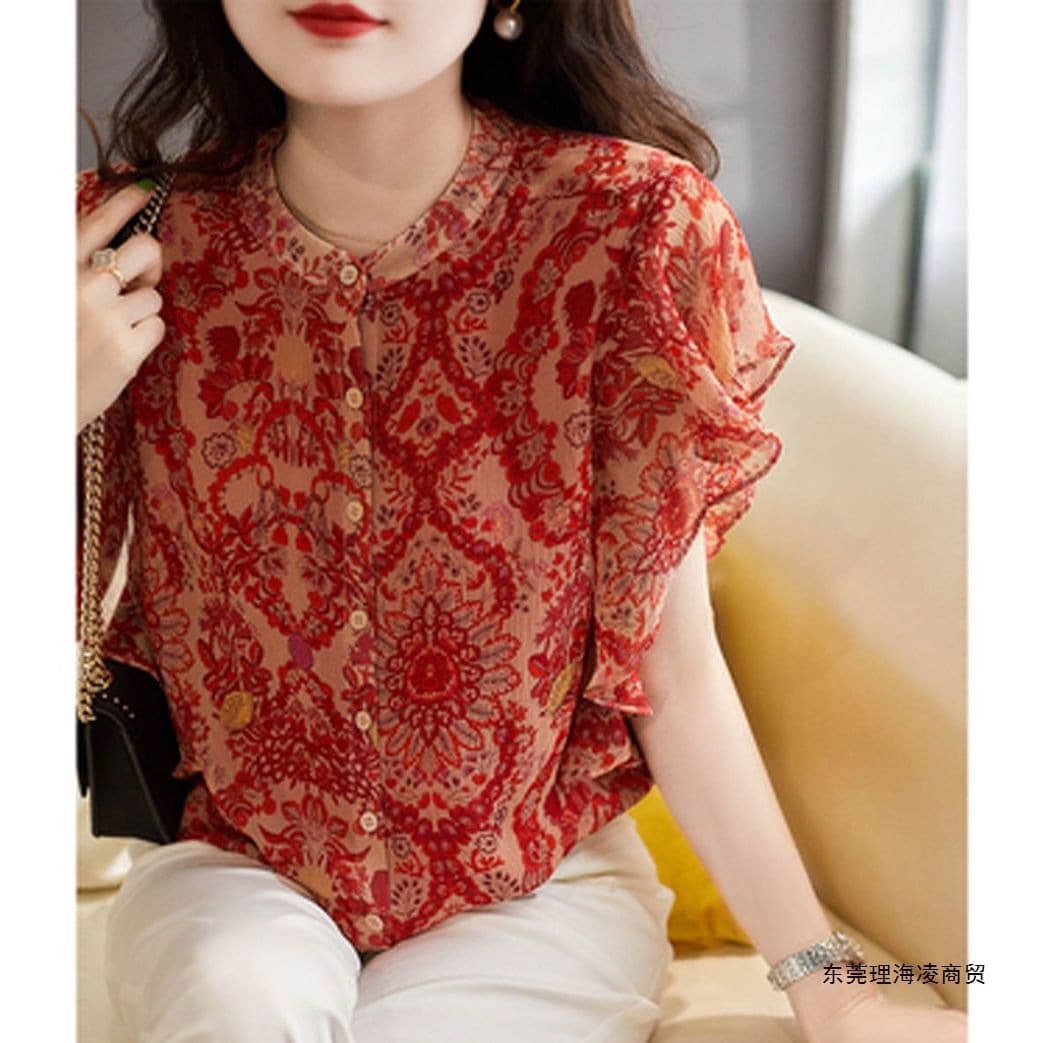 Chiffon Shirt for Women, Short-Sleeved, Summer 2022 New Style, Elegant and Stylish, Korean Style, Loose-Fitting, Printed, Super Fairy-Like, Tummy-Covering Top