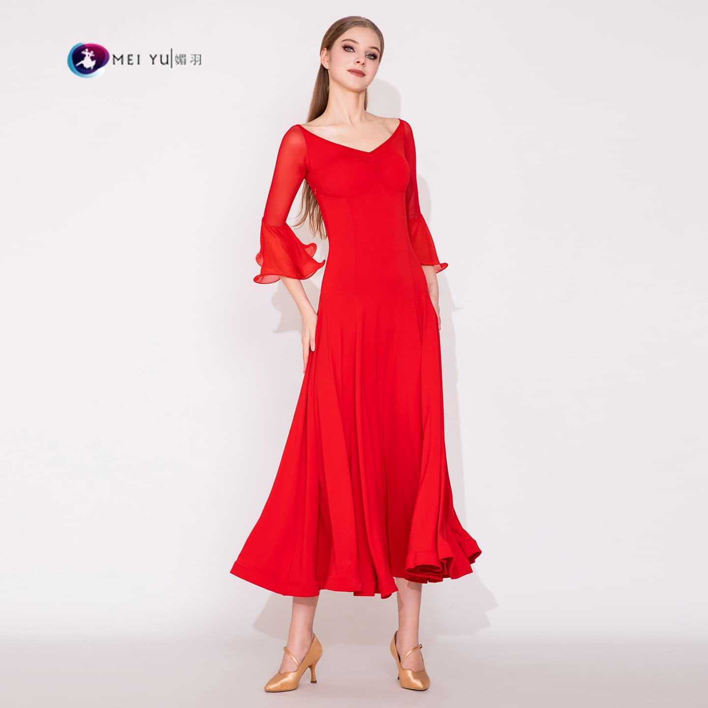 Meiyu's new V-neck ruffled mid-sleeve modern dance dress MY936, ballroom dance costume, waltz, social dance practice clothes.