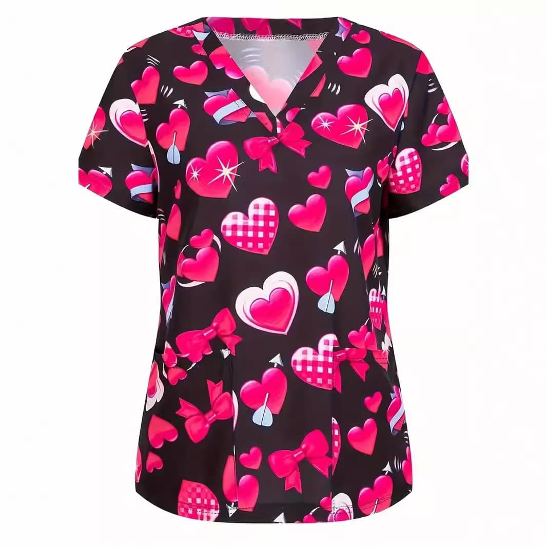 2025 Love Butterfly Print V-Neck Stretchy Nurse Uniform Casual Short Sleeve Patch Pocket Medical Scrubs Temu