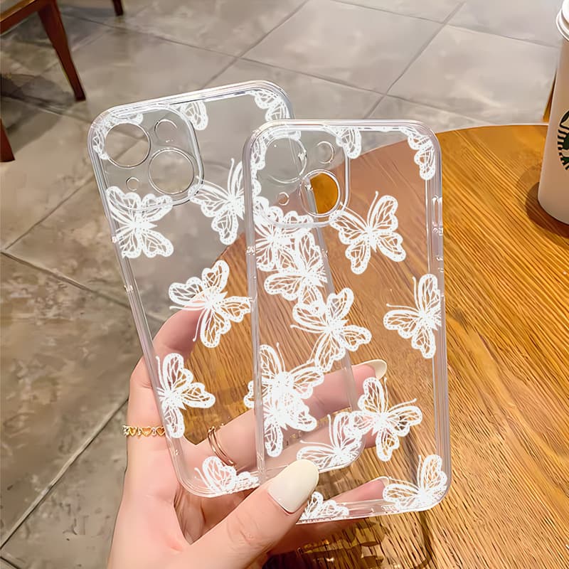 Japanese and Korean White Butterfly iPhone 15 Transparent Soft Case 14 Pro Apple Phone Case 13 PM Fashion 12 Premium Look