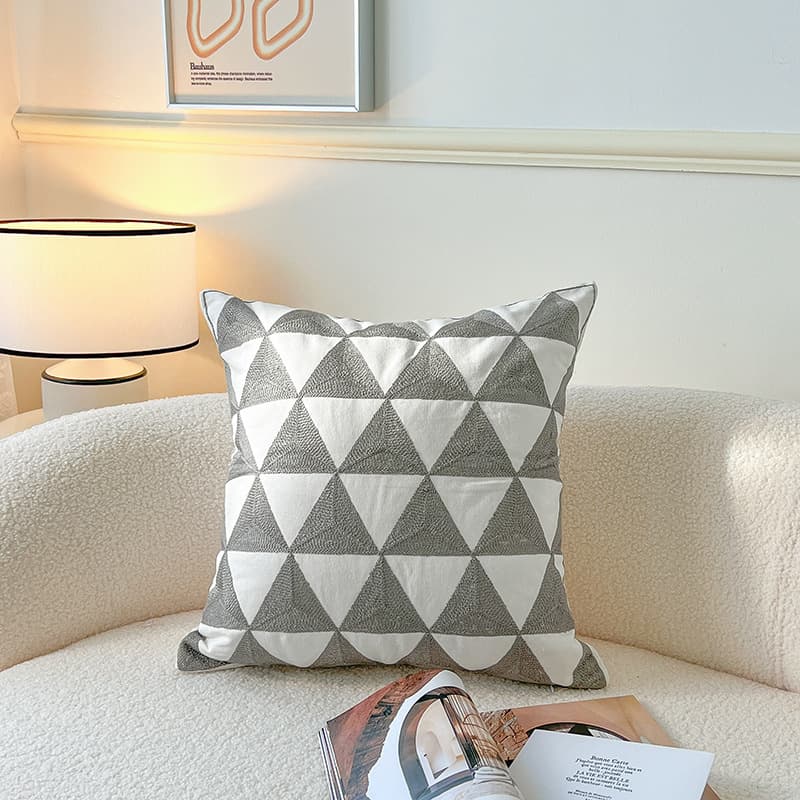 Nordic Geometric Embroidered Cushion Cover, Gray Sofa Throw Pillow, Pure Cotton Square Home Decor 45cm Backrest Cushion