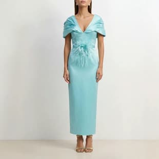 Cross-Border European American 2026 Women's Spring/Fall New Pleated V-Neck Long Waist Dress Slimming Short Sleeve Midi Dress