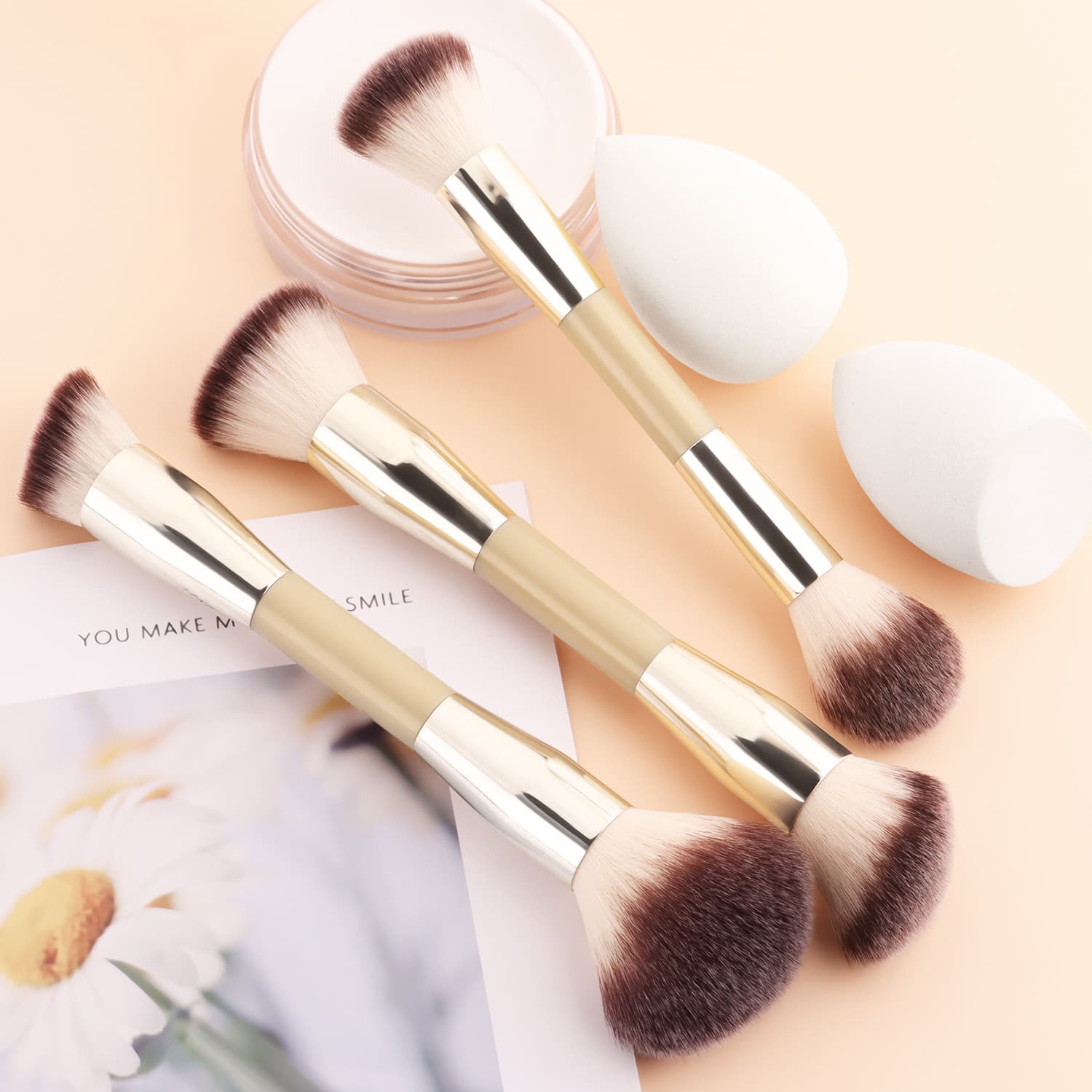 Factory direct supply of 3 double-headed makeup brushes + beauty egg set, multi-brush base makeup set, beauty tools
