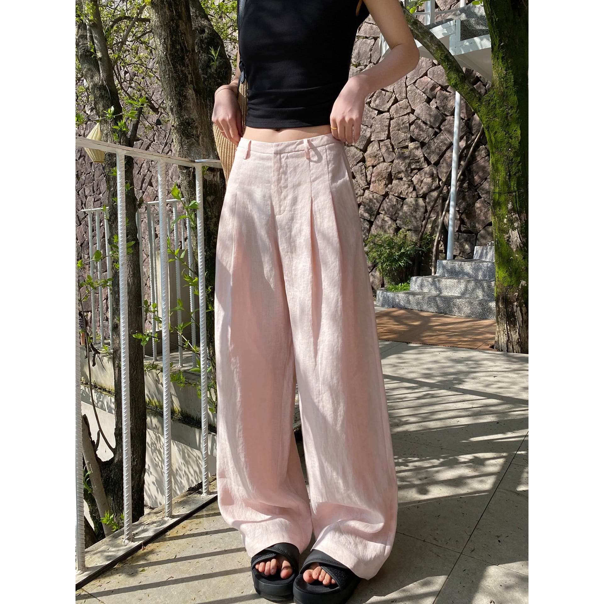 Women's Pink Linen Pants Summer Thin Style 2026 New Loose Casual Trousers High Waist Flowing Wide Leg Pants