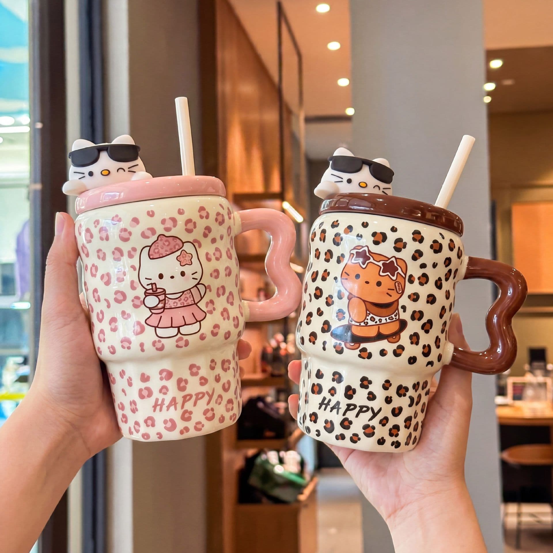 Black leather kt cat ceramic mug, unique and beautiful cup, cute milk breakfast cup for boys and girls, birthday gift