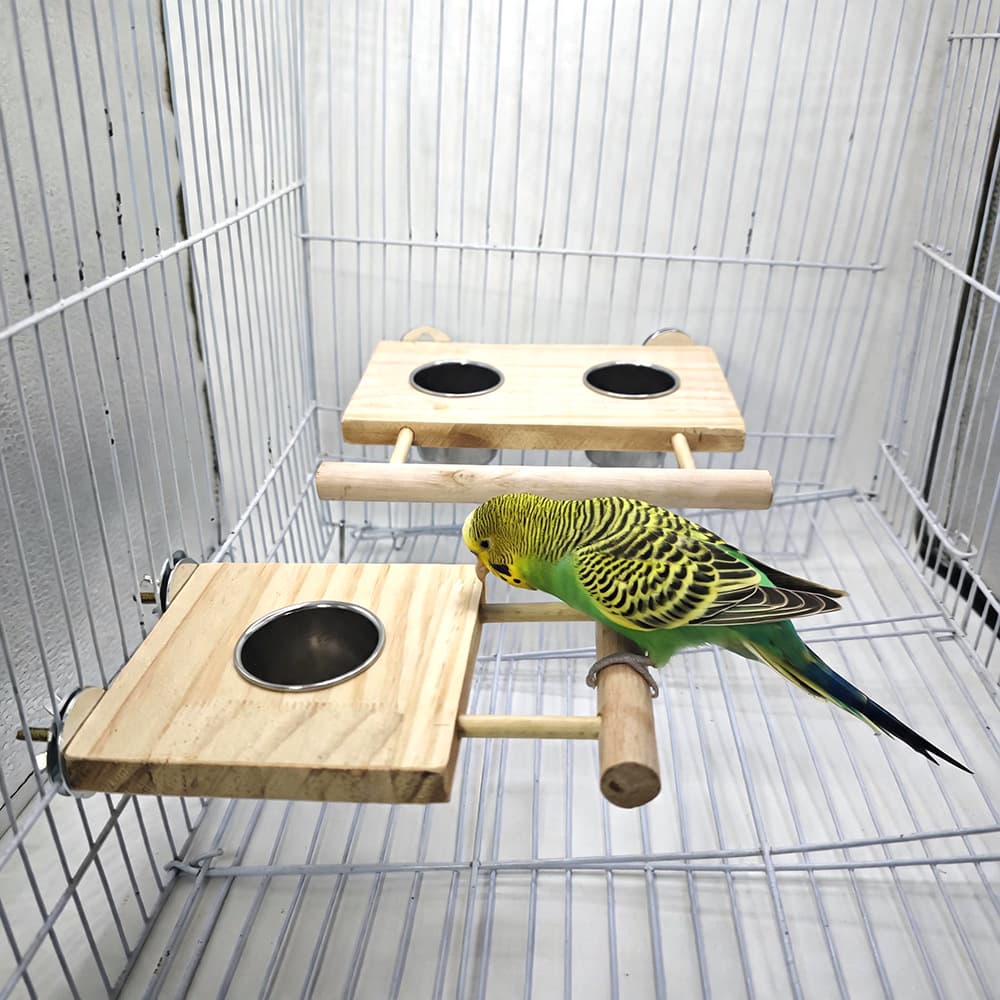 Wooden Parrot Observation Platform, Single or Double Hole, with or without Food Cup, Hanging Perch and Feeding Station for Cage