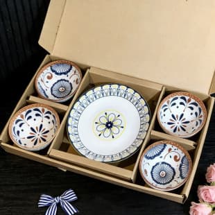 Japanese Style Ceramic Bowl Practical Creative Bowl and Chopstick Gift Box Set Underglaze Color Dinnerware Bowl Plate Set Event Wholesale Gift