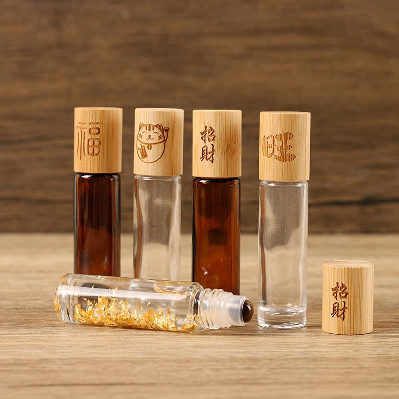 10ml Bamboo Cap Essential Oil Roller Bottle, Brown Light-Blocking Frosted Refill Bottle, Massage Oil Bottle, Portable Small Glass Bottle