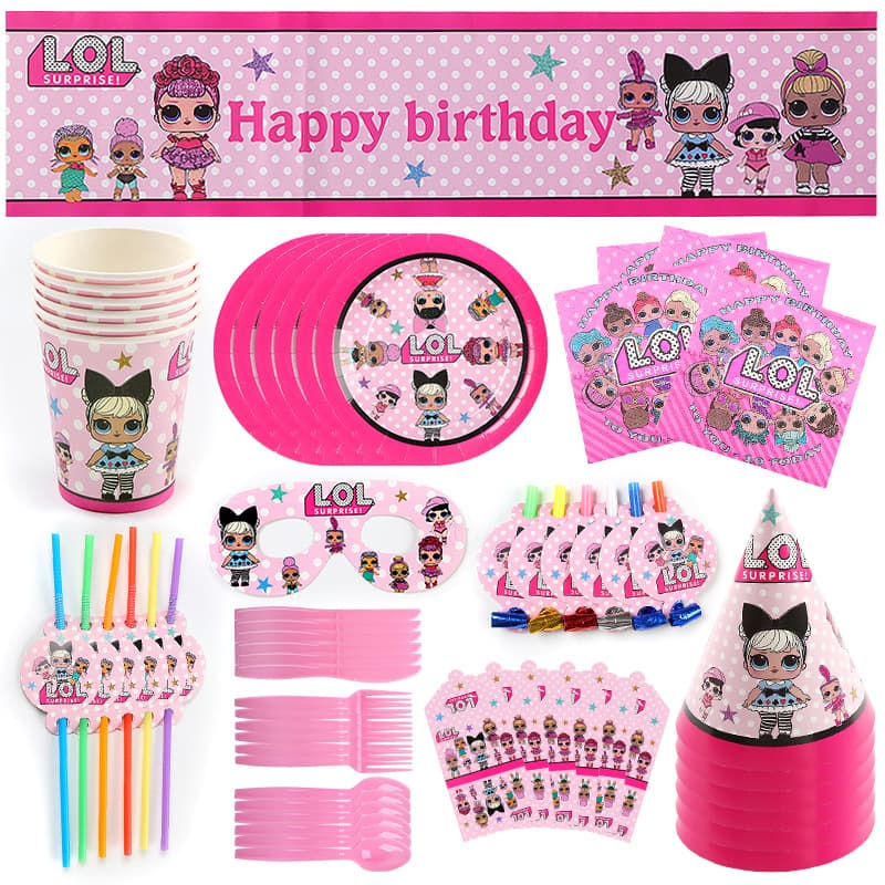 Cross-border LOL Surprise Theme Party Set - Kids Birthday Disposable Napkins, Paper Cups, Paper Plates, and Tableware
