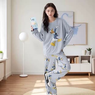 Wholesale Women's Sweet Plus Size Loose Thin Long Sleeve Pajama Set with Cute Cartoon Prints, Mexico