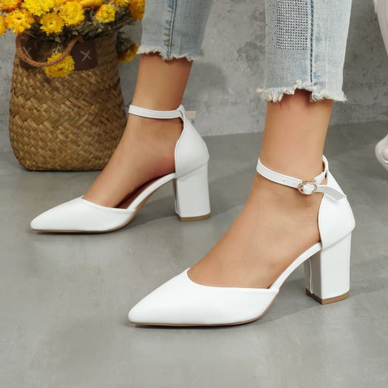 One-line buckle hollow thick heel sandals soft leather comfortable work women's shoes women's low heel black professional high heels