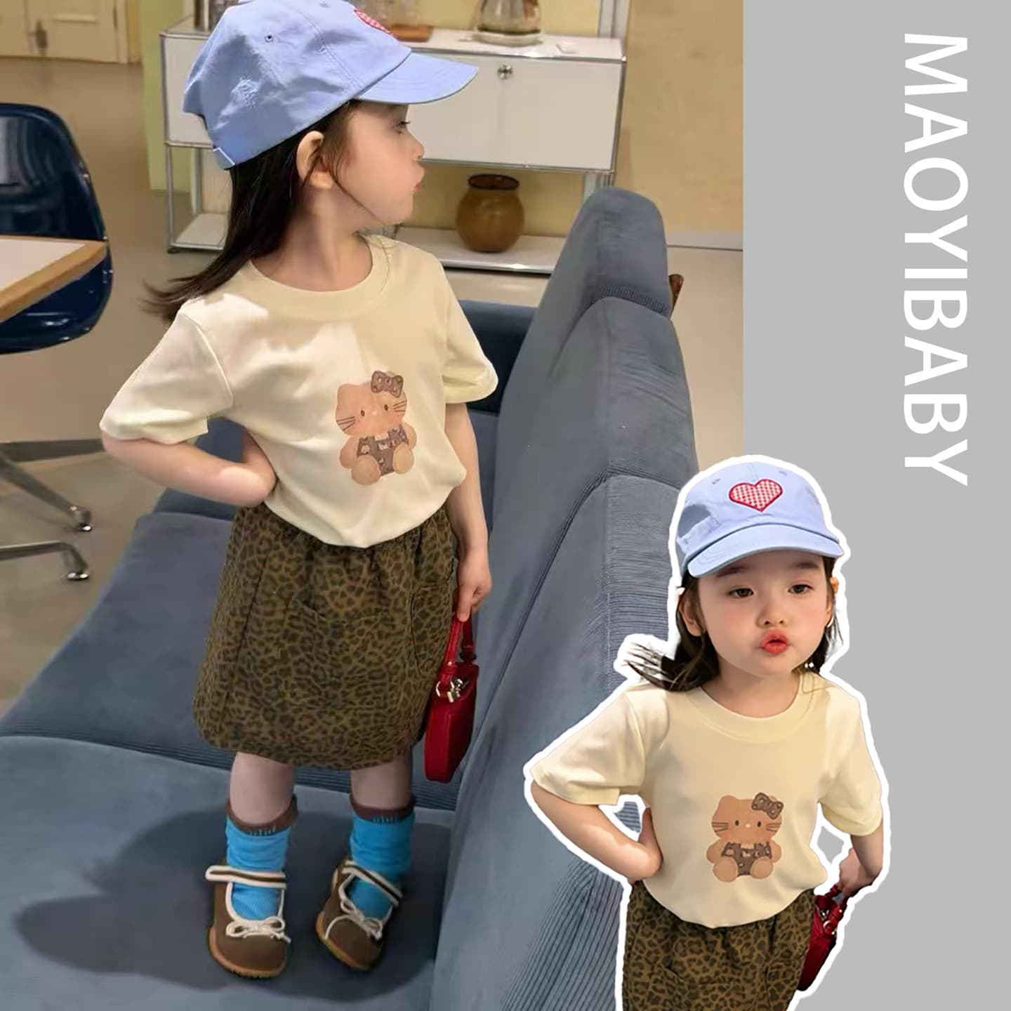 Baby girl thin cartoon leopard print skirt suit baby girl summer short-sleeved T-shirt short skirt two-piece set