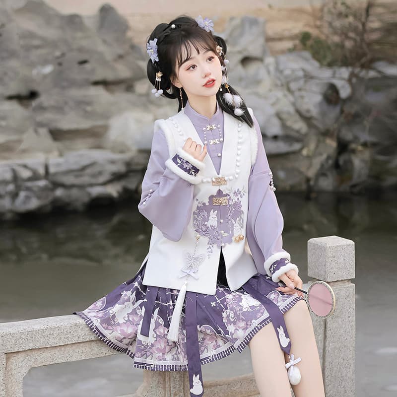 Original Plush Bunny Hanfu Women's Chinese Style Improved Han Element Top Vest Horse-Face Skirt Set 8971