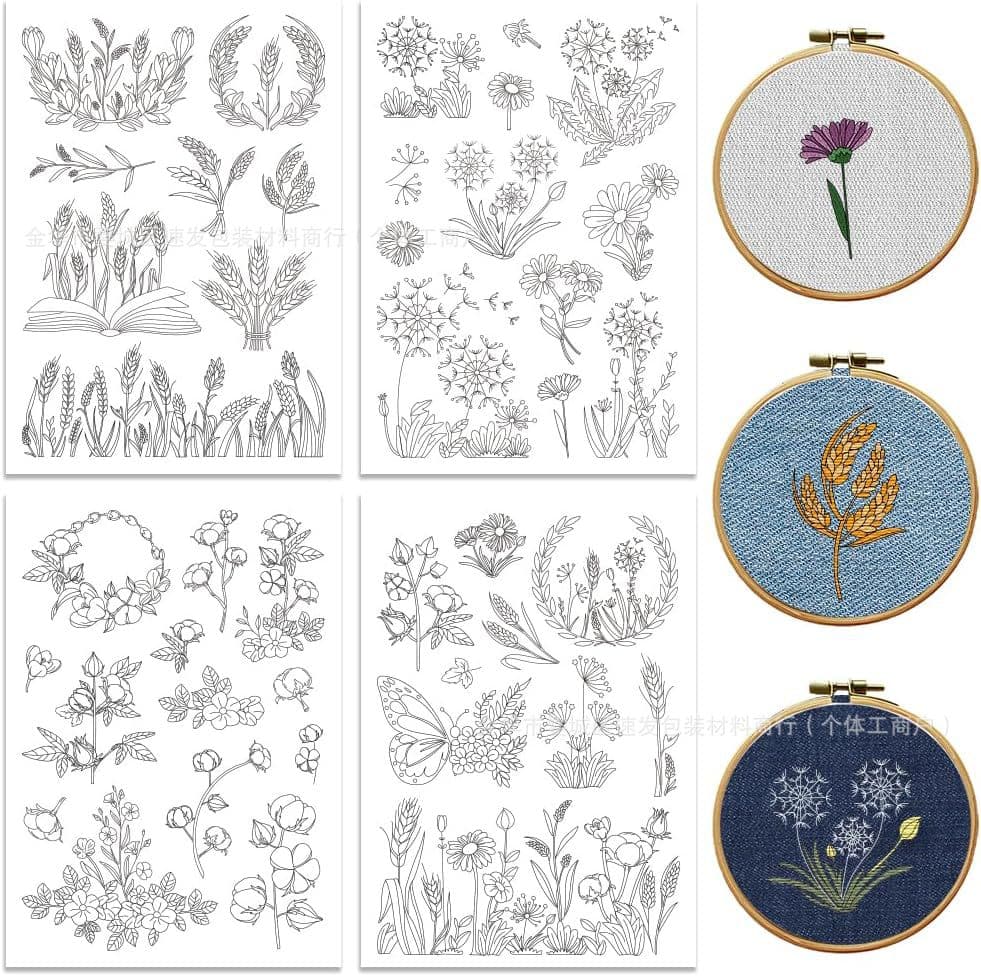 2025 New A4 Dandelion + Wheat Ear + Flower Hand Embroidery Self-adhesive Backing Water-soluble Embroidery Paper