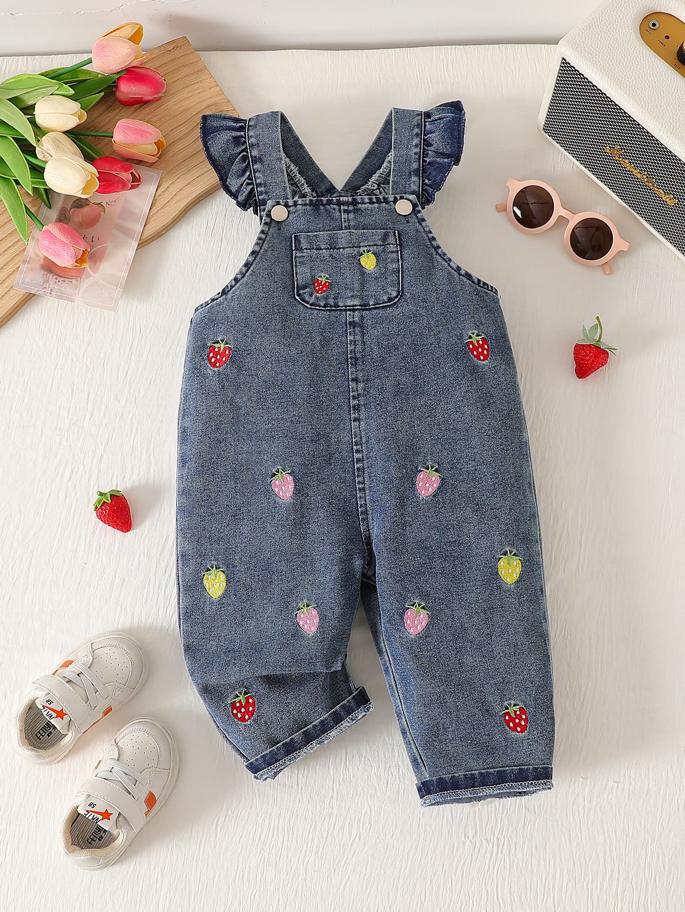 New Autumn Cute Trendy Strawberry Embroidery Ruffle Casual Baby Girls Long Pants Toddler Thin Denim Overalls