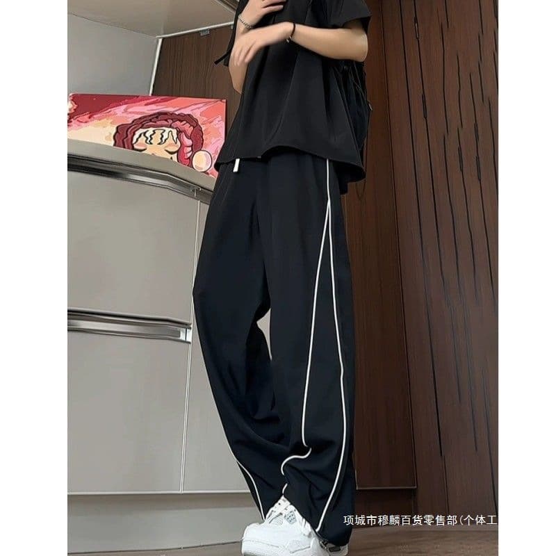Summer Ice Silk Pants for Men, Casual Loose Fit, Versatile Streetwear Hong Kong Style Wide-Leg Straight-Leg Sports Long Pants, Black