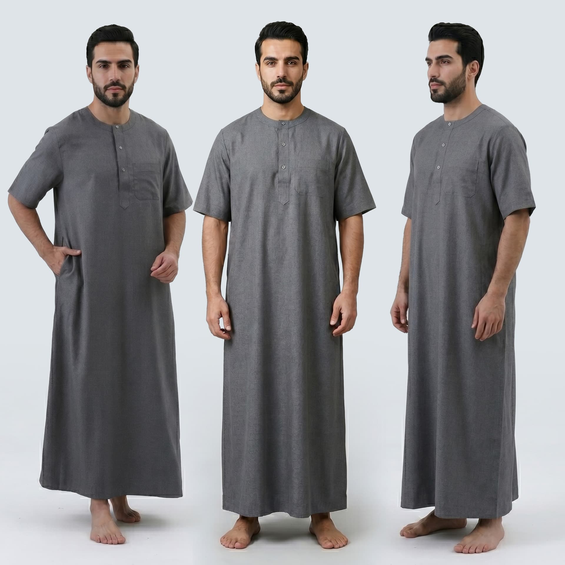 SP0072 New solid color round neck metal buckle fashion men's Thobe short-sleeved casual high-end outer robe