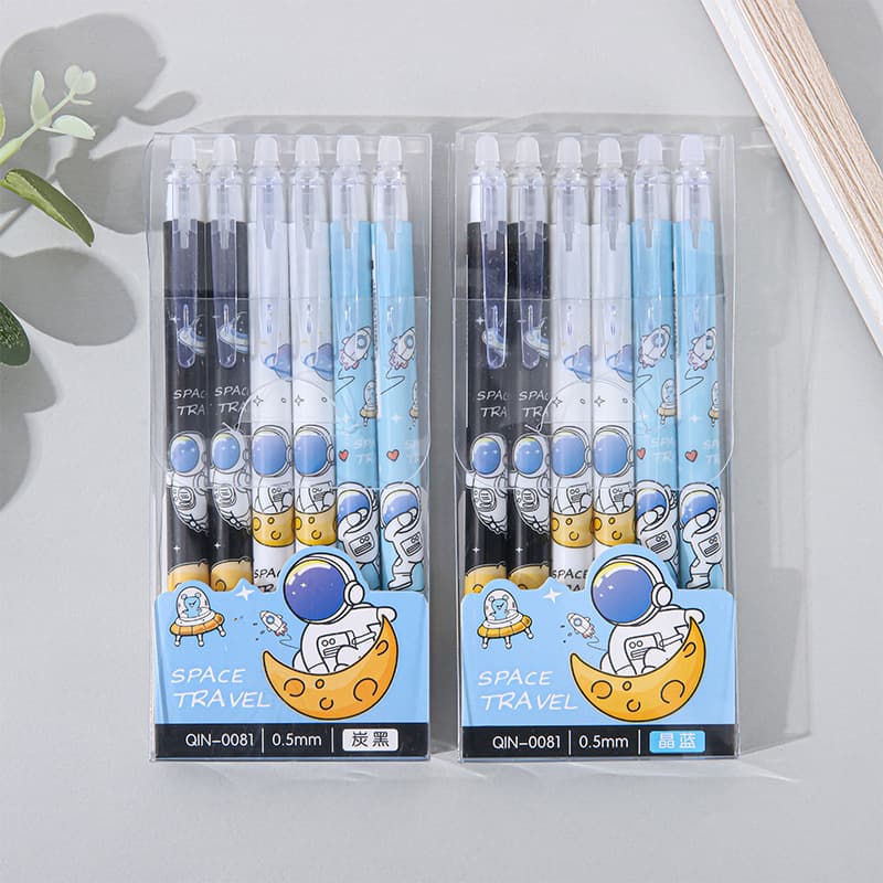 A box of 6 erasable pens with high-looking cartoons and cute 0.5 friction and easy-to-wipe student water pens, crystal blue gel pens, astronauts