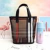 Korean Plaid Hollow Mesh Tote Bag Cylinder Cosmetic Bag Breathable Square Portable Mommy Bath Gym Bag