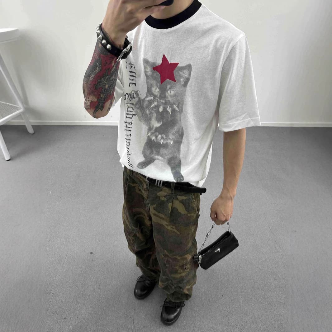 EME Men's 220g American Retro Cat Print Short Sleeve T-Shirt for Men and Women, Summer Loose Fit Versatile Casual Top