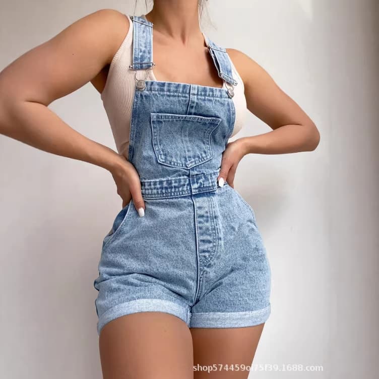 Amazon TikTok Pinduoduo Cross-border Trade US Europe American Vintage Light Blue Denim Overalls Shorts Women Summer