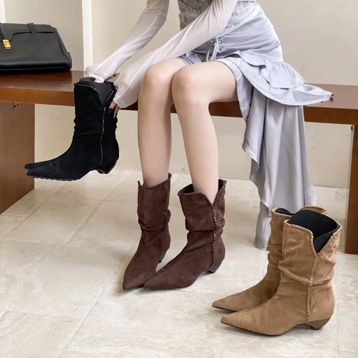 Women's Pointed Toe Thin Heel Short Boots Autumn Winter New Style Retro Micro Fiber Material Rubber Surface Slimming Effect