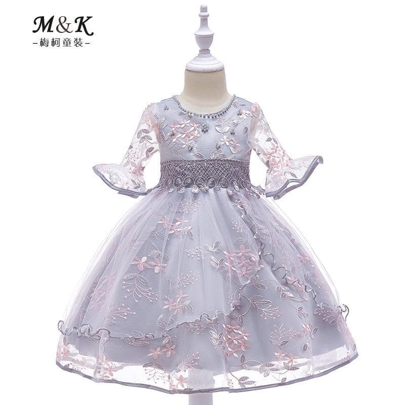 Children's Clothing New Style Girls' Dress with Bell Sleeves, Small Leaf Embroidery, Mesh Princess Dress, Beaded Neckline Wedding Dress