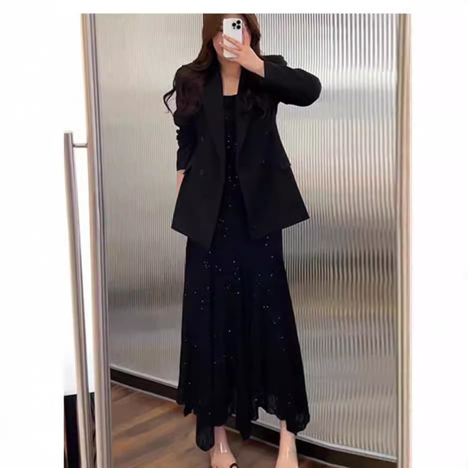 [In Stock] Plus Size Women's Spring and Autumn Two-Piece Set: Blazer, Rhinestone-Embellished Dress, and Spaghetti Strap Dress 6088