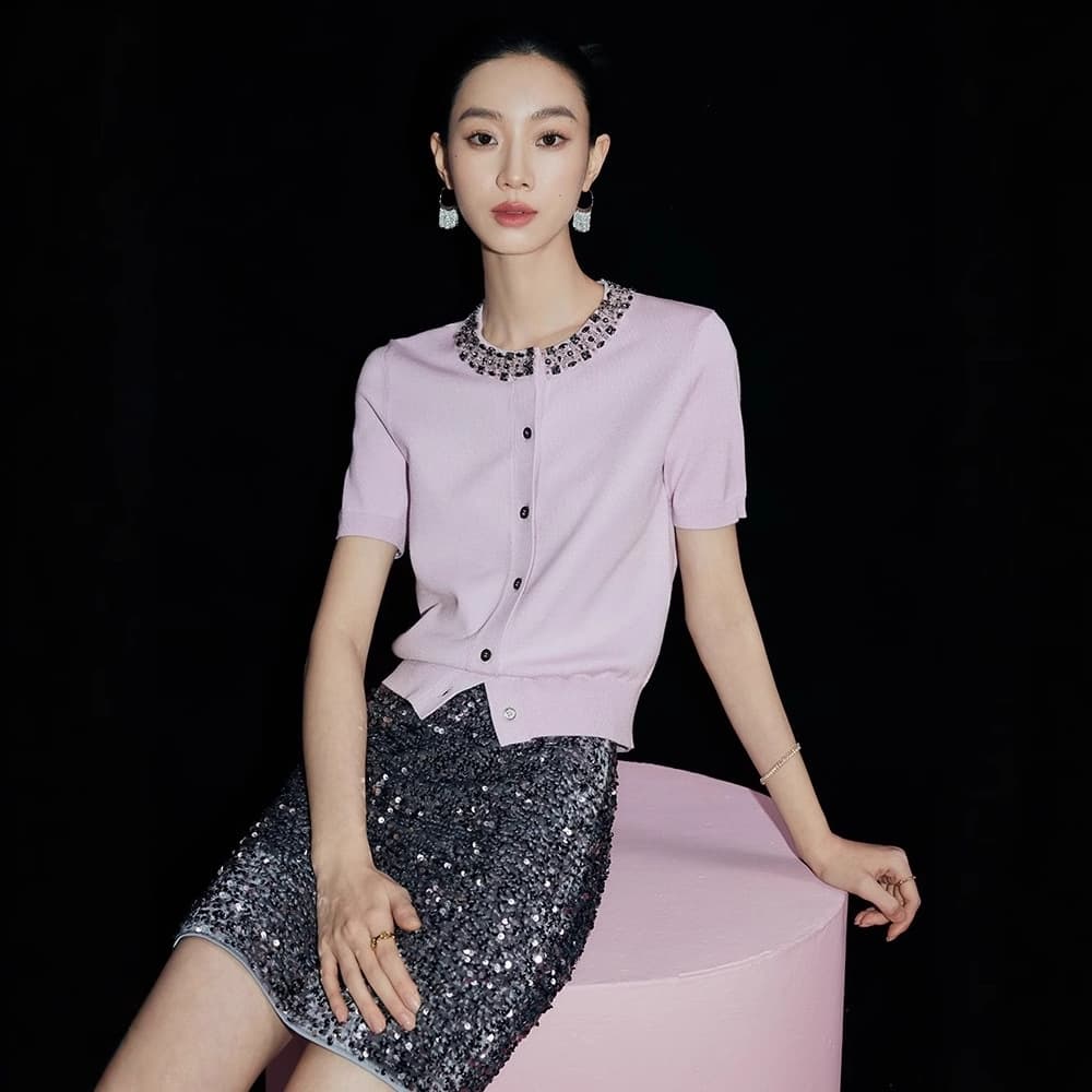 Hong Kong Mi Clothing / Pink Beaded Knitted Cardigan Women's Short-Sleeved 2026 Summer Xiaoxiang Style Sweater Miu Top