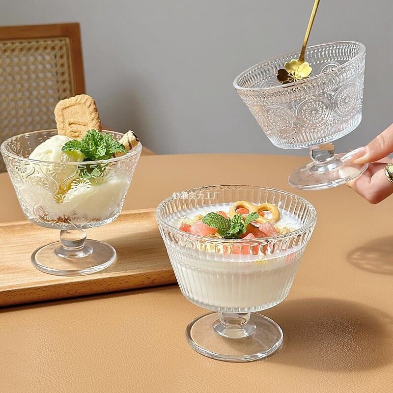 Dessert bowl embossed wind bowl yogurt retro oatmeal breakfast home ice cream ice cream glass bowl sunflower
