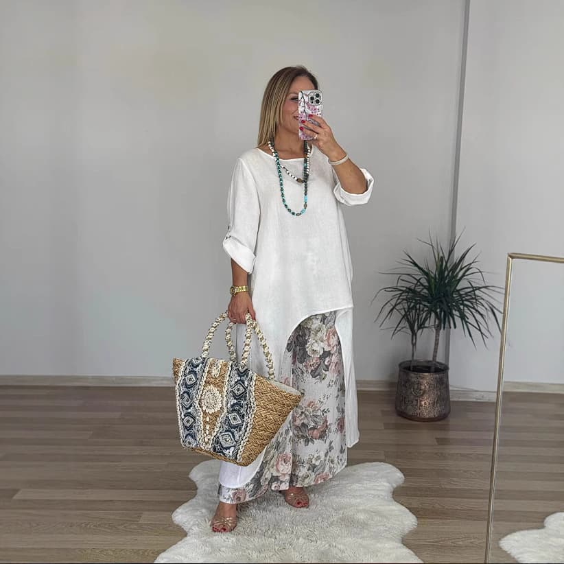 2025 European and American foreign trade new women's casual cotton and linen round neck irregular tops and wide-leg pants suits
