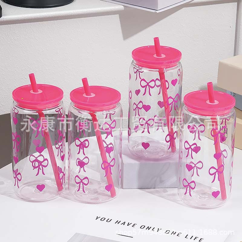 Cross-border Hot Selling PC Plastic Cup 16oz Mason Jar with Heart Bow Colorful Lid Transparent Straw Cup Custom Logo