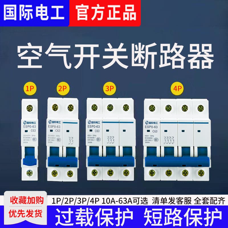 International Electrician Miniature Circuit Breaker 63A Main Switch Household 1P Short Circuit Protection 2P Air Conditioner Electric Gate Air Switch