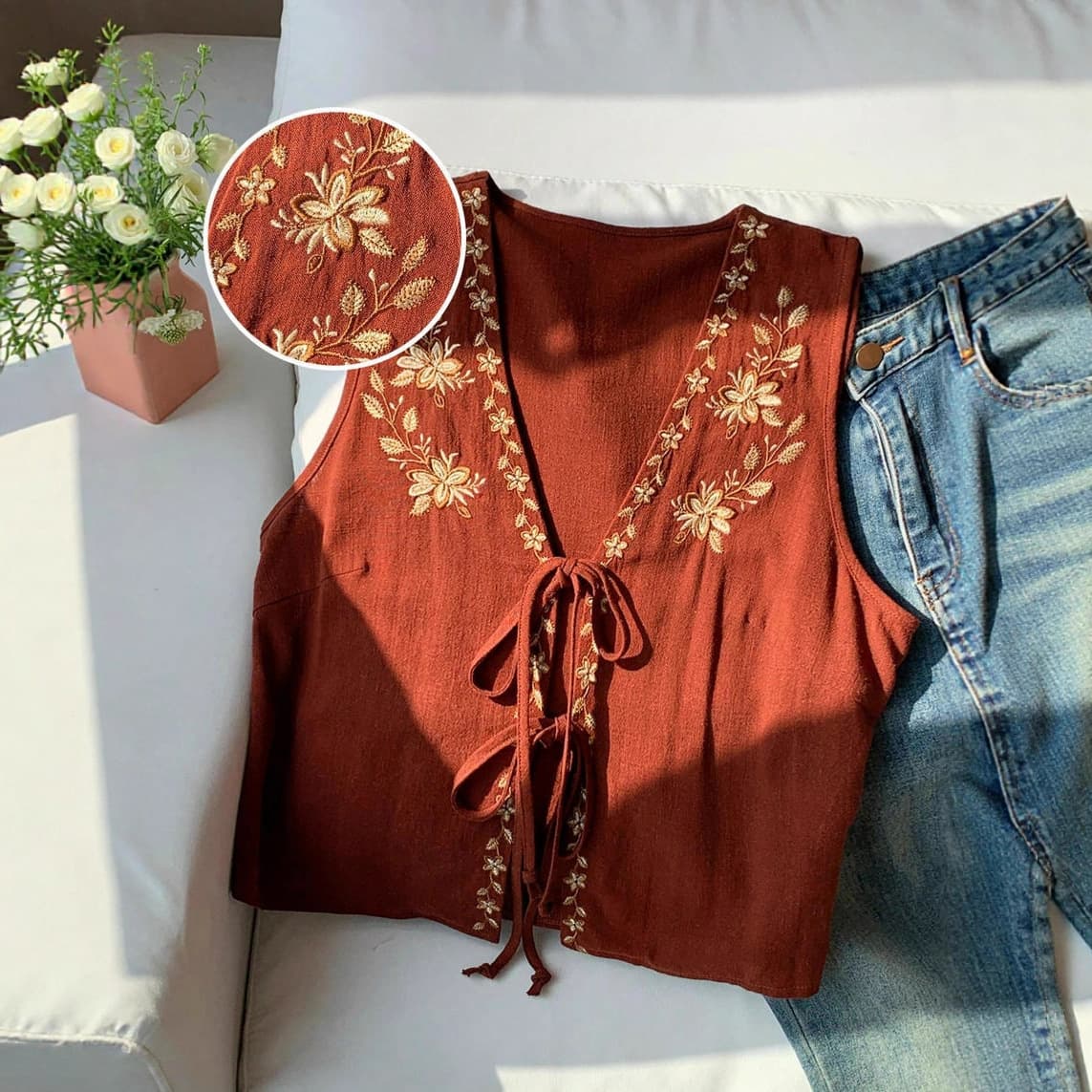 2025 Amazon Cross-border Independent Station Fashion Embroidered V-neck Cotton Linen Sleeveless Tie-up Top New Vest Short Style
