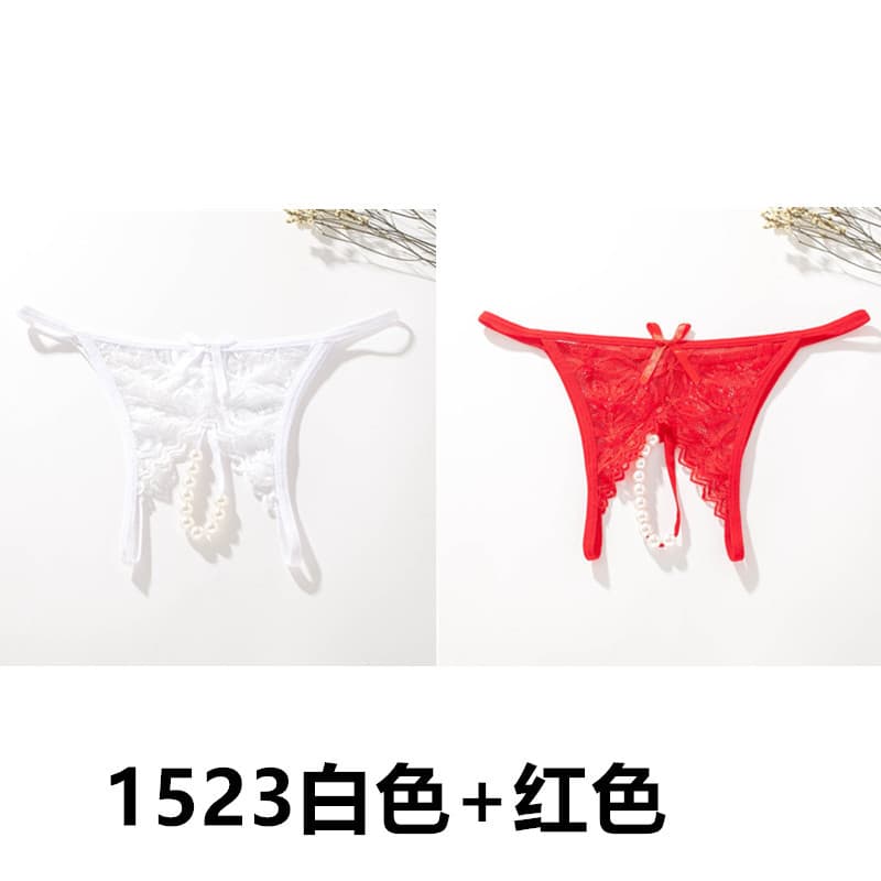Sexy Lingerie Transparent Underwear Lace Pearl Open Crotch Thong Panties