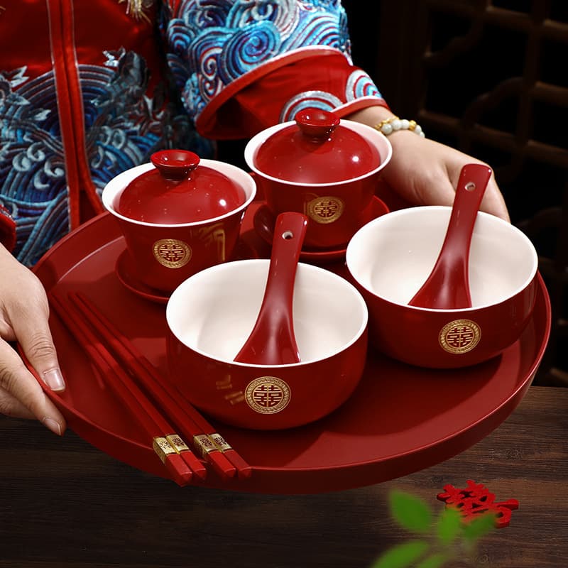 Tea Ceremony Set with Matching Bowls and Chopsticks, Red Wedding Toast Cups, Complete Dowry Accessories