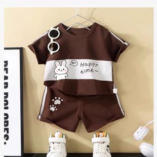 Color-Block Summer New Children's Pure Cotton Set Round Neck Boys' and Girls' T-Shirt Set Printed Short Sleeve Shorts Cartoon
