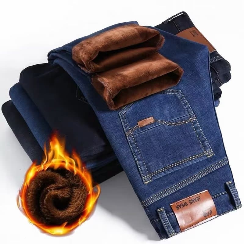 Men's Winter Fleece-Lined Thick Denim Jeans Straight Loose Fit Stretch Pants Warm Casual