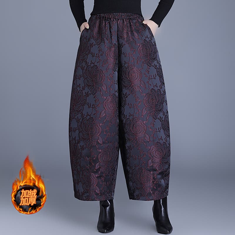 New Chinese Style Embossed Layered Rose Slimming Heavy Jacquard Bloom Pants, Middle-Aged Mom Loose Wide-Leg Cotton Pants