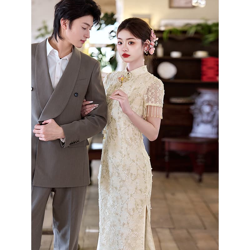 New Chinese Style Champagne Lace Cheongsam Wedding Toast Dress Engagement Dress Bride Return Home Casual Outfit Registry Dress