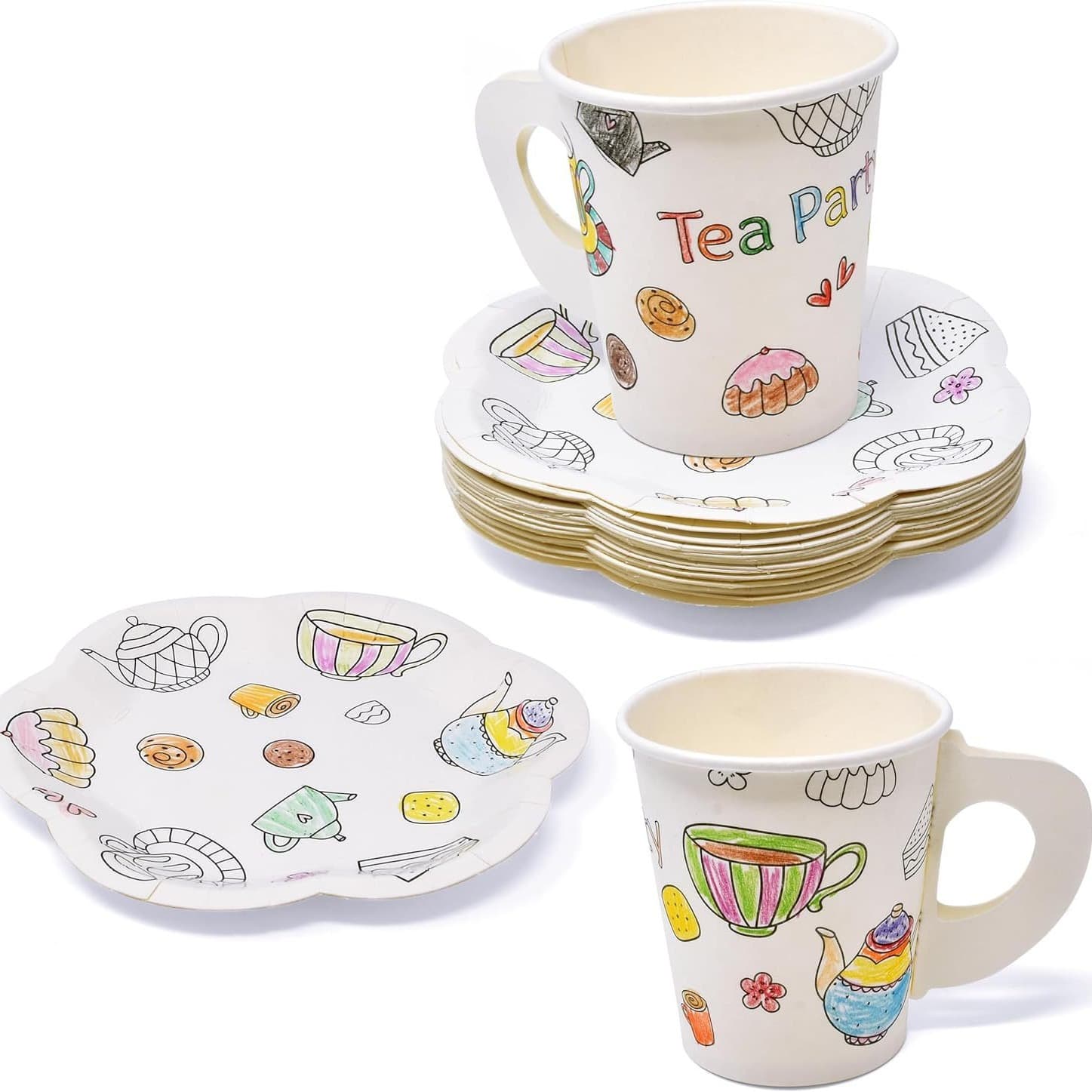 Tea party new product paper-shaped plates and cups, disposable set with handles, colored for events, craft coffee cups