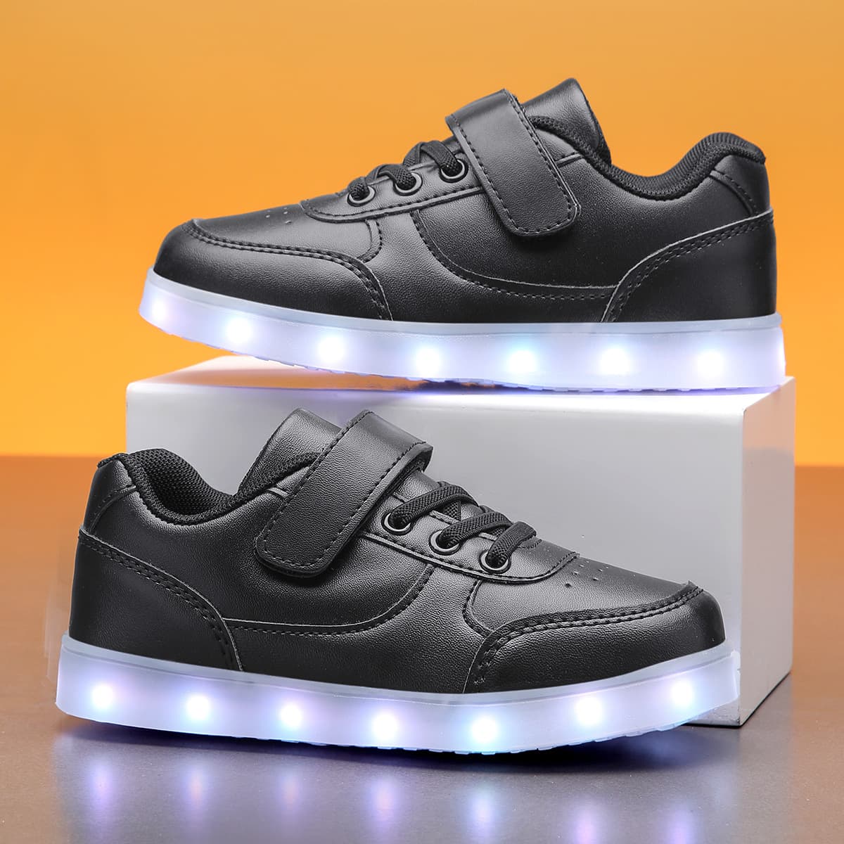 Yaosifang Solid Color Light-Up Shoes with Velcro for Boys and Girls White Sneakers