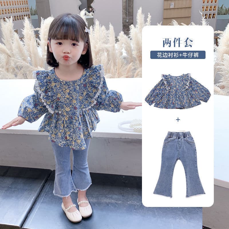 Girls Spring Autumn Outfit Long Sleeve New Style Toddler Baby Korean Style Shirt Jeans Two-Piece Set