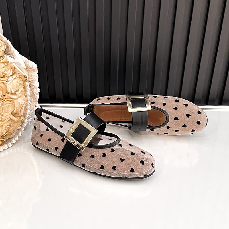 Cross-Border Amazon Mesh Flat Shoes 2026 New Style Round Toe Single Strap Mary Jane Heart Polka Dot Breathable Sandals