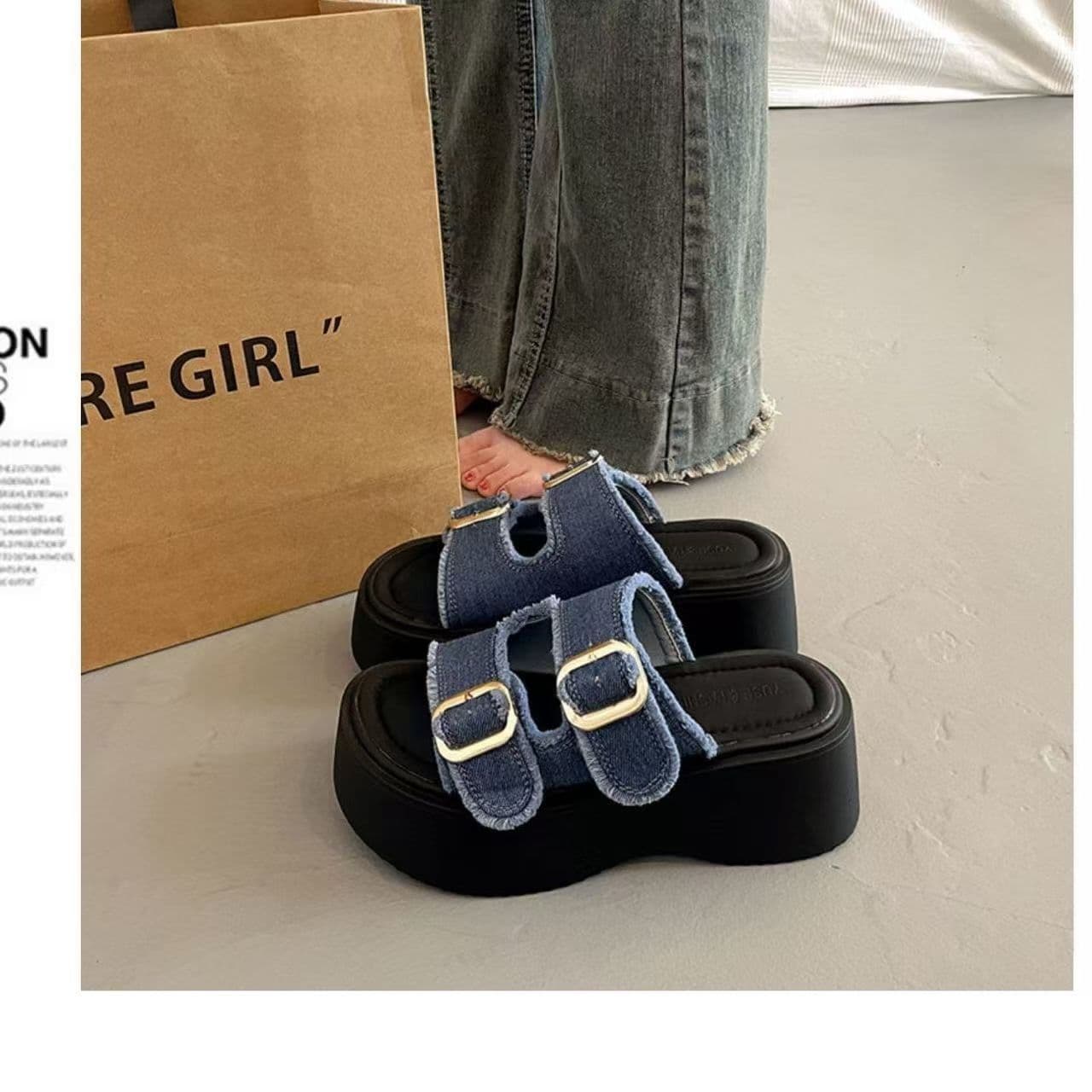 Increased thick-soled denim slippers for women 2025 new versatile European goods trendy platform sandals sports Roman sandals for women